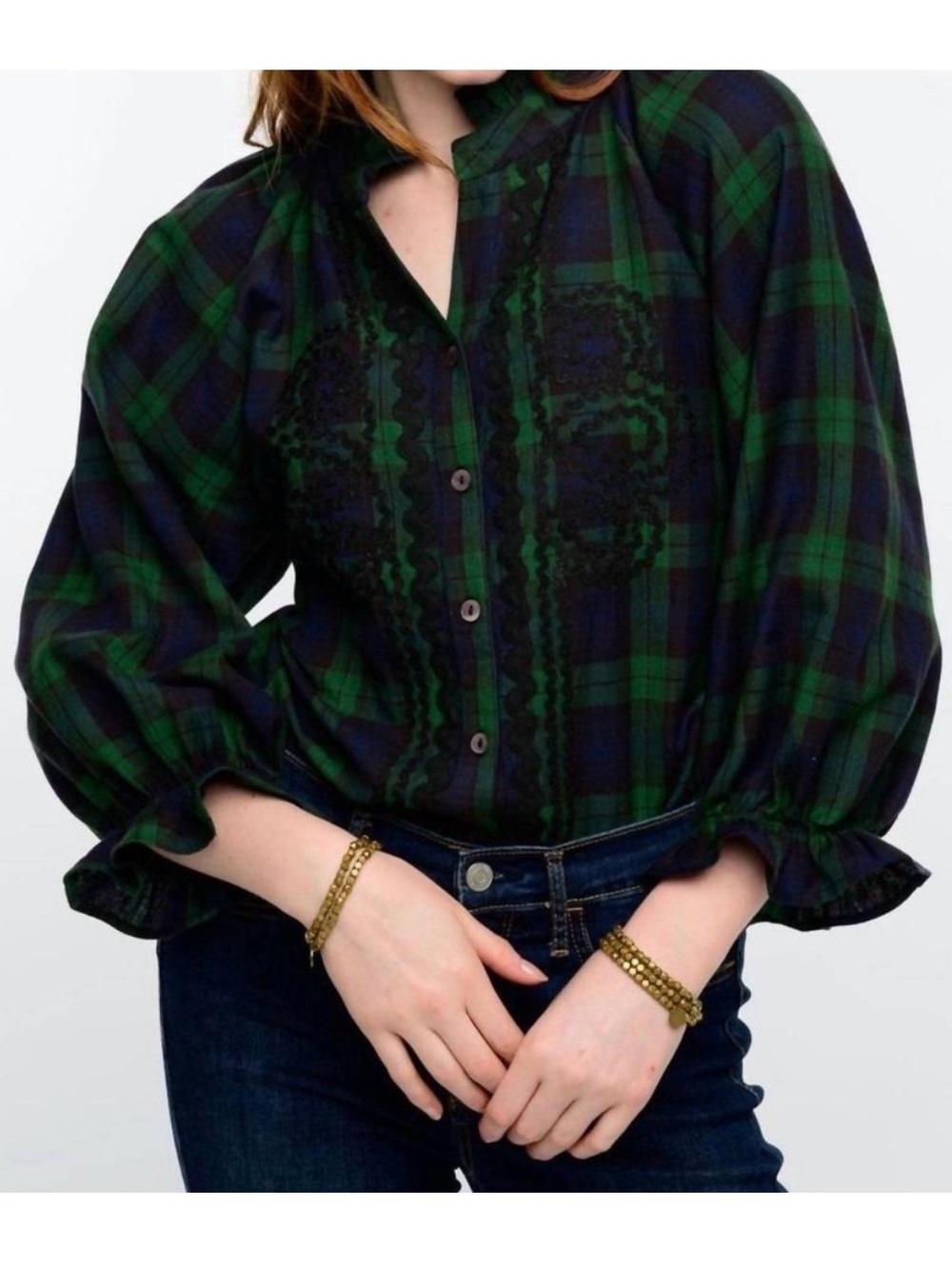Sister Mary Rosa Plaid Trimmed Shirt Green Navy Ruffled Collar RicRac Size Small